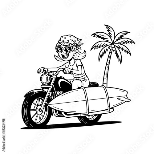 Woman riding motorcycle with surfboard and palm tree.