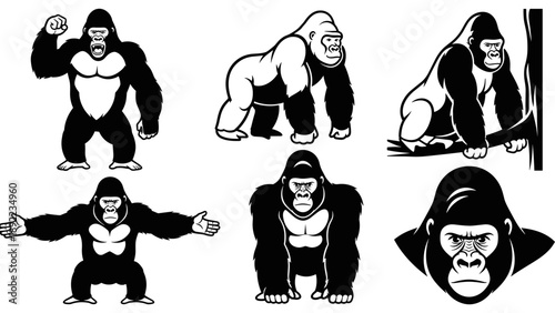 Collection of powerful gorilla illustrations in various poses.