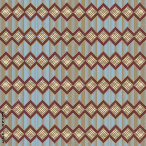 ; Ethnic Geometric Seamless Pattern inspired by Traditional textile weaving and folk motifs. Featuring repeating diamond, stripe, zigzag, and grid elements with handcrafted texture and earthy tones. 