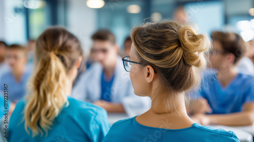 Rear view of faceless diverse medical students in scrubs attending lecture or training seminar in modern classroom, nursing schools, healthcare education, medical training, with co