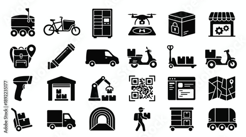 Modern logistics and delivery service glyph icons set