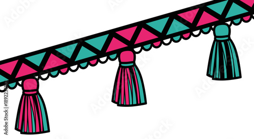 Colorful tassel trim with geometric pattern isolated on white background, featuring vibrant pink and teal accents in an artistic design