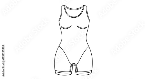 Illustration of shapewear bodysuit design, outlined and isolated on a white background, showcasing body contouring features with detailed stitching and seamless style
