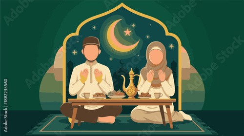 Muslim couple praying during Ramadan Iftar with food and drinks