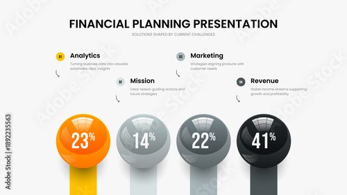 Corporate Briefing Slide Design Vector Illustration. Service Review 4 Step Infographic Presentation Template. Science Plan Four Element Diagram Frame Layout.