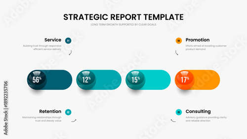 Advertising Report Slideshow Design Vector Illustration. Minimalist Planning Four Element Diagram Presentation Template. Elegant Campaign 4 Step Infographic Slide Layout.
