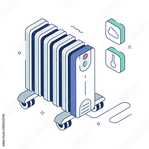 An editable isometric illustration of electric radiator heating system