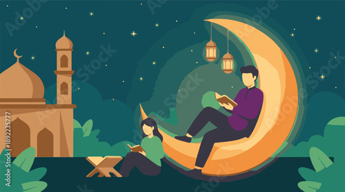 Ramadan Kareem illustration with couple reading Quran by mosque and moon at night