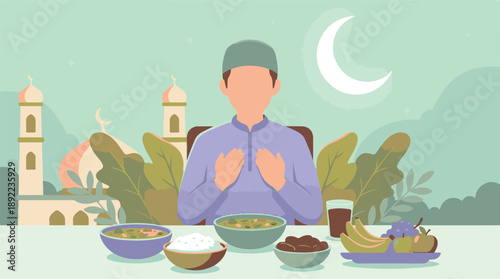 Muslim man praying before Iftar meal during Ramadan with mosque background
