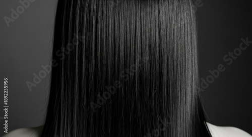 Sleek, straight black hair obscuring the face against a dark background