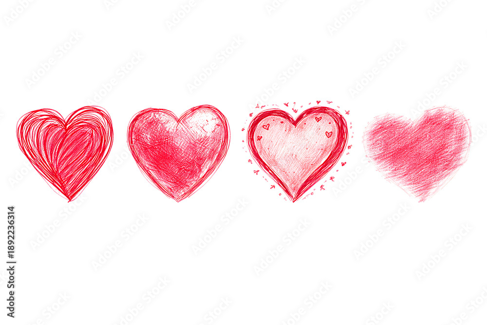 Obraz premium Four red hearts in different styles on a transparent background