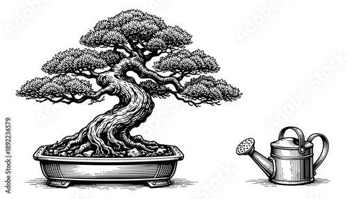 Hand drawn line art gardening set featuring a bonsai tree and a watering can for plant care
