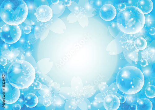 桜シャボン背景、水色、かわいい、イラスト