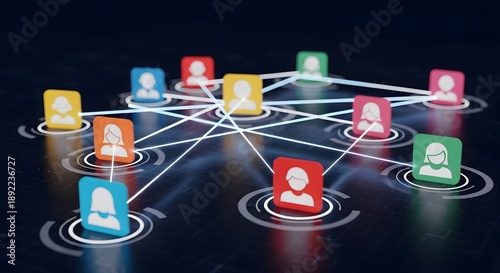Connected people icons forming a digital network grid on dark background
