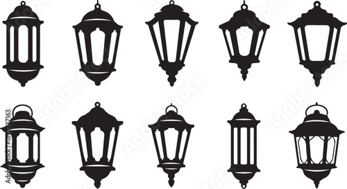 Black Silhouette Lanterns on White Background Illustration Set