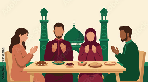 Muslim family praying before Iftar meal with mosque in background, Ramadan illustration