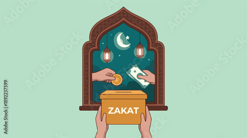 Islamic Zakat charity illustration with hands giving money and coin