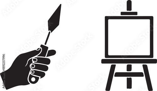 Artist Hand Holding Palette Knife with Canvas Easel Minimal Painting Icon