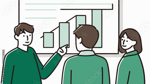 Business mentor presenting strategy to colleagues with green shirts standing in front of a chart