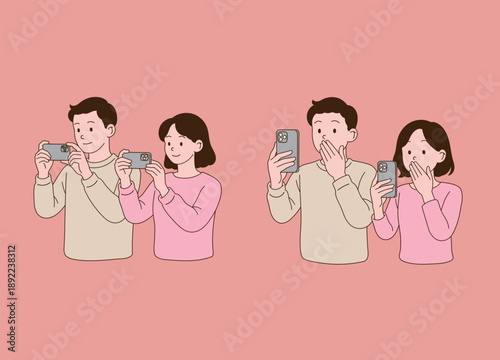 People taking pictures with their smartphones. Minimal line illustration style.