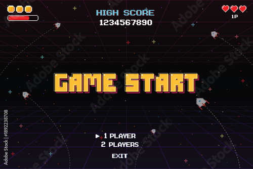 GAME START. pixel art 8-bit. retro game for assets in vector illustrations. arcade gaming.