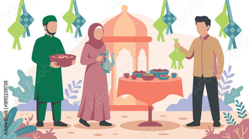 Muslim family and friends celebrating Eid with traditional food and ketupat