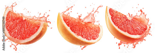 grapefruit slices with splash, isolated on white background.