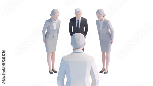 A professional 3d businessman and woman standing in front of their team of executive engineers and architects wearing suits and hardhat helmets to celebrate a successful construction office meeting