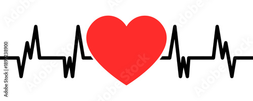 Red heart symbol superimposed on black electrocardiogram waveform, symbolizing love, health, life, and medical care in a striking visual representation