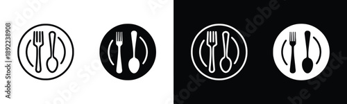 Restaurant icon set featuring plates forks and spoons in circular frames with black and white variations for culinary themes and dining establishments