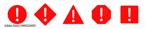 Red warning signs with exclamation marks in various geometric shapes such as circles diamonds triangles octagons and squares conveying alerts and urgent notifications.