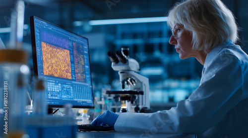 Scientist analyzing genetic data on computer in biotech lab.