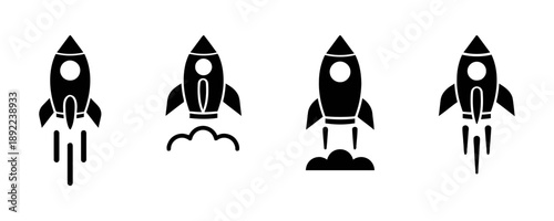 Rocket launch icon set vector graphic, representing space travel, exploration, startup, speed, success, and new beginnings, dynamic flight and booster exhaust effects