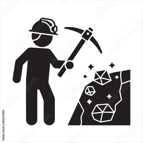 Silhouette gold miner extracts golden ore with pickaxe vector illustration