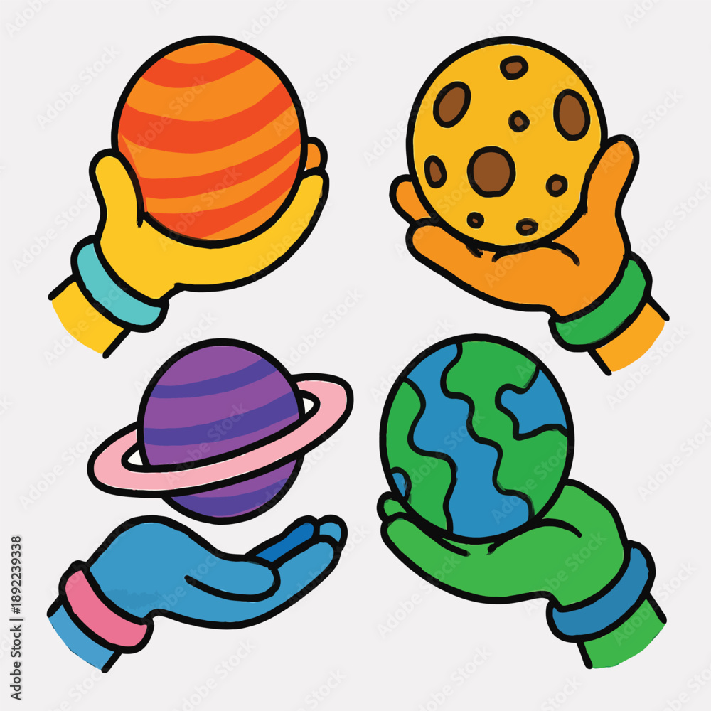 Fototapeta premium Surreal cartoon hands gently holding planet Earth and other celestial bodies in a playful space fantasy vector illustration on white.