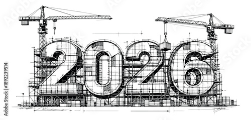 Hand drawn line art illustration of year 2026 depicting building and progress for future projects