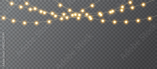 Christmas light garland decoration. Glowing string light element. Bright light bulb design. Vector illustration