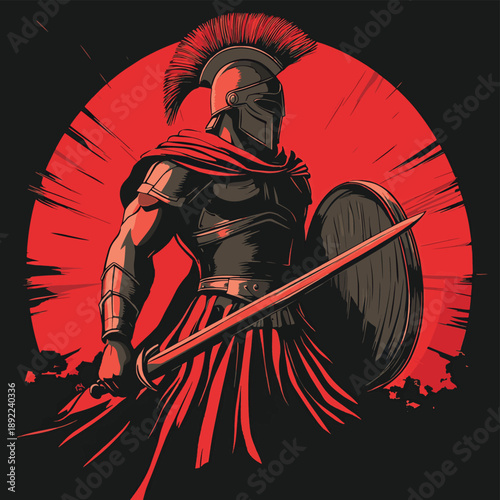 Fiery Spartan Warrior with Sword and Shield , vector style simple color