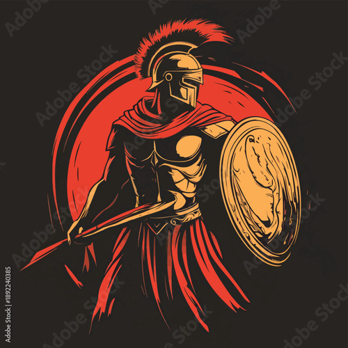 Fiery Spartan Warrior with Sword and Shield , vector style simple color