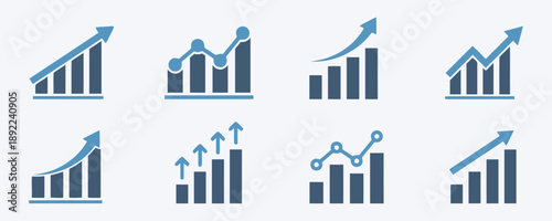 Set of blue and gray bar chart icons and line graphs illustrating business growth financial success and data analysis, showing upward trends and positive progress in economic performance