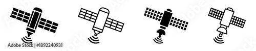 Satellite icons showing communication technology, orbital spacecraft with solar panels and signal transmission, space exploration and technology concept, vector.