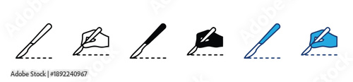 Scalpel icons and hand drawing medical incision on dotted line, representing surgery, operation, and medical procedures, flat design elements