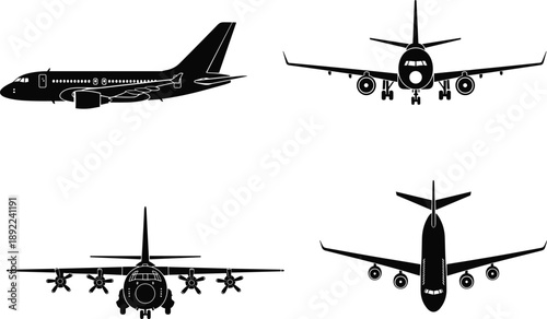 Airplane, Aircraft, Aviation, Jet, Airliner, Plane, Transport, Transportation, Flight, Flying, Travel, Airline, Aerospace, Silhouette, Icon, Vector, Illustration, Commercial, Military, Design