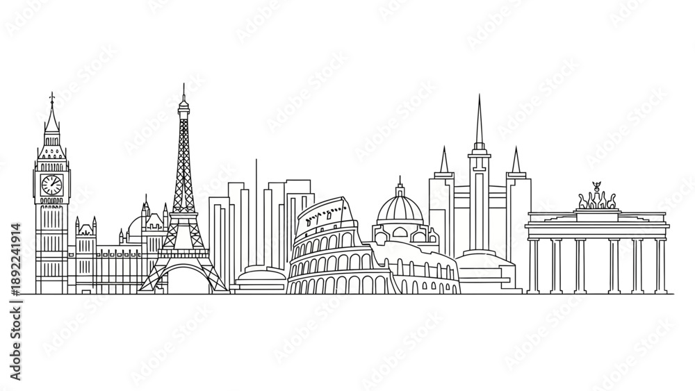 Fototapeta premium Line art illustration of famous landmarks from around the world.