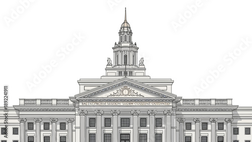 Detailed architectural illustration of a grand government building with classical design elements.