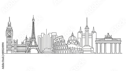 Line art illustration of famous landmarks from around the world.