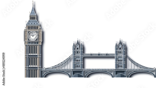 Illustration of Big Ben and Tower Bridge in London.