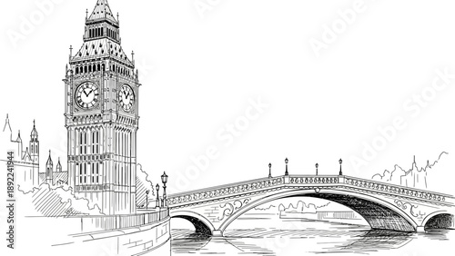 Detailed black and white illustration of Big Ben and Westminster Bridge.