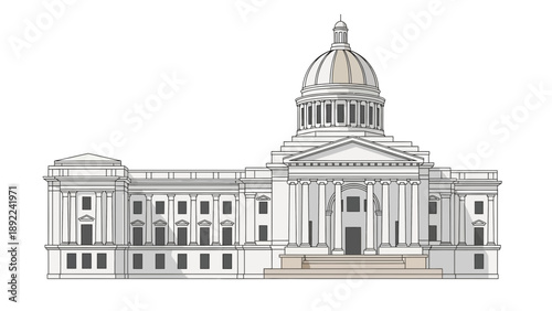 Detailed architectural illustration of a government building with a central dome and columns.