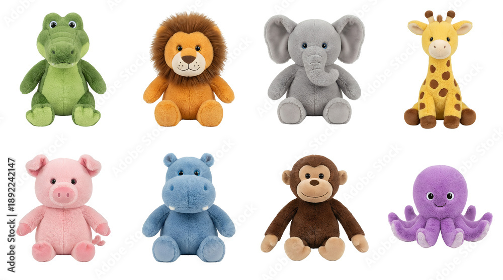 Fototapeta premium Stuffed animal plush toy set including crocodile, lion, elephant, giraffe, pig, hippo, monkey, and octopus isolated. Wild and domestic animal collection for kids.